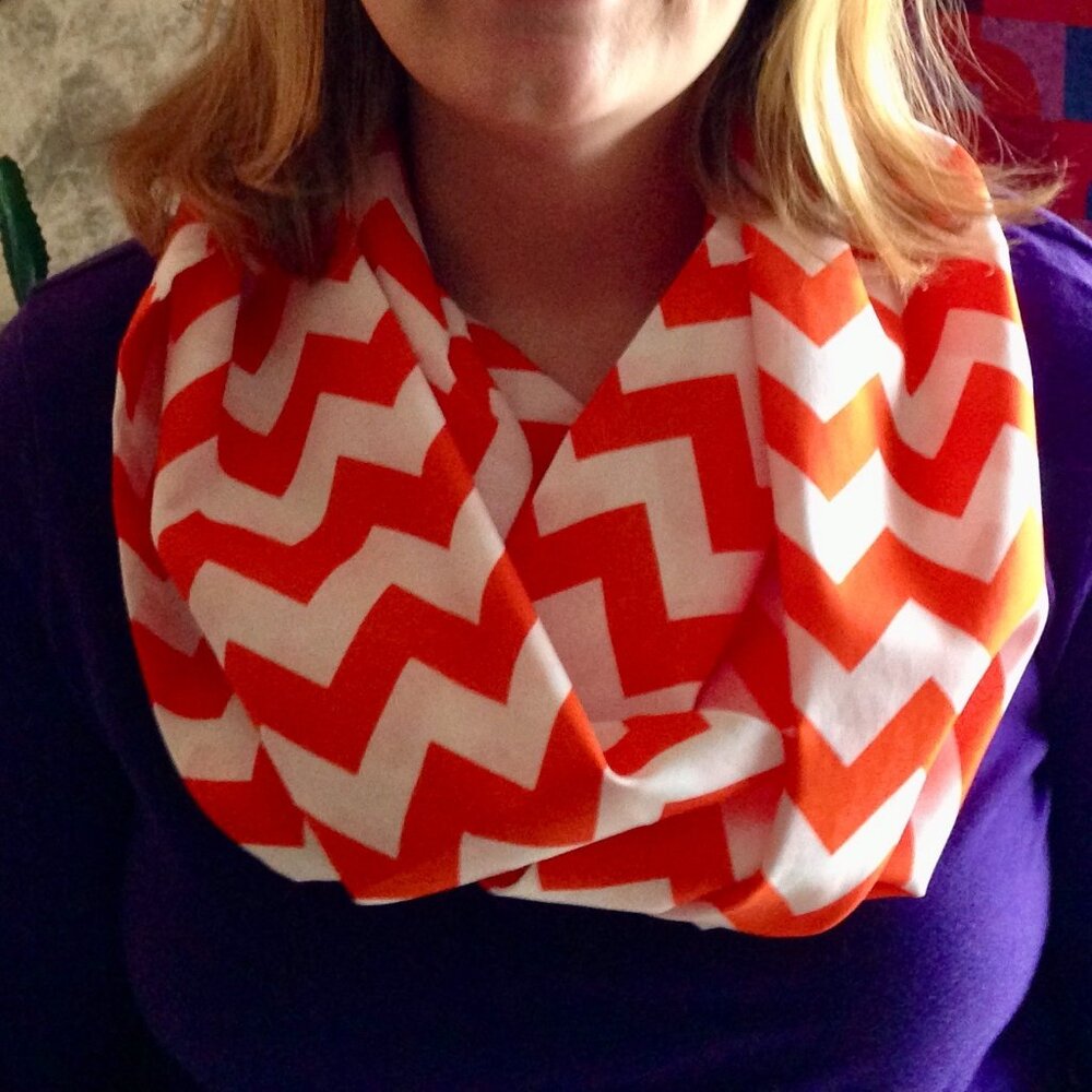 100% Cotton Infinity Scarf Chevron Pattern Orange White Handmade, 1-of-a-kind